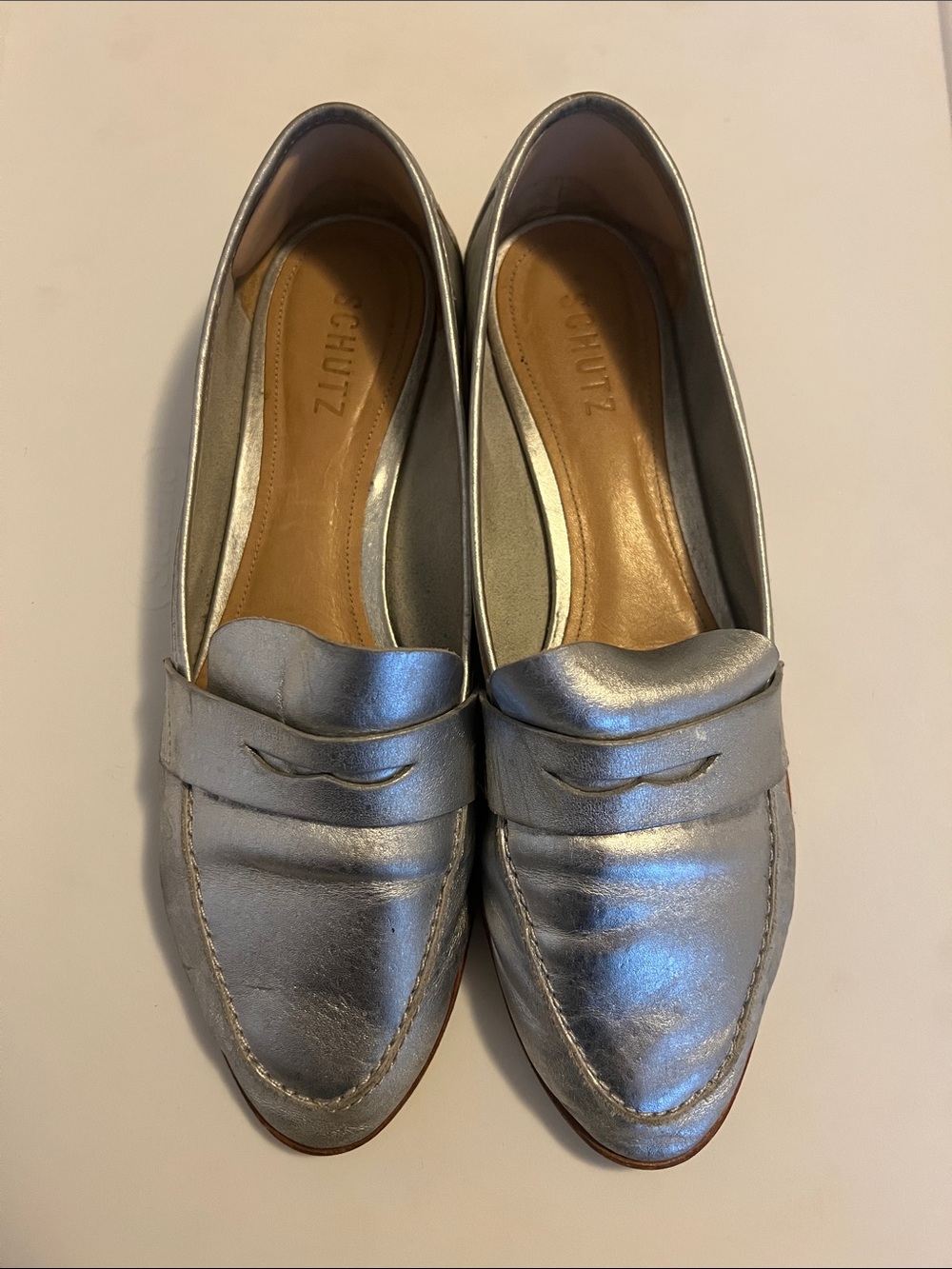 SCHUTZ Metallic Silver Leather Penny Loafers